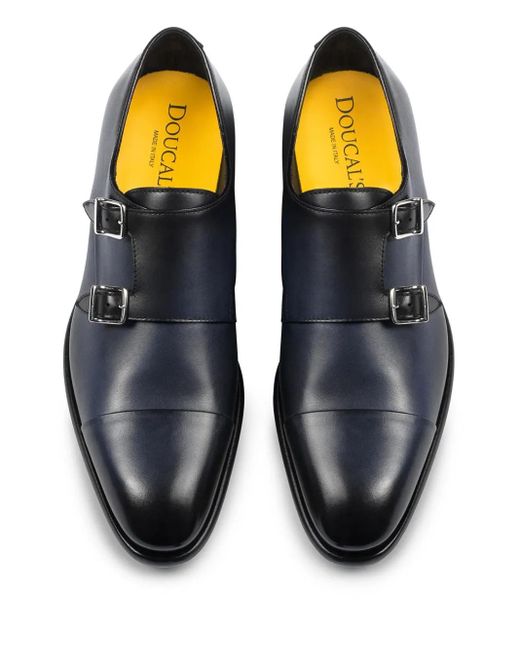 Doucal's Blue Leather Double-Buckle Monk Shoes for men