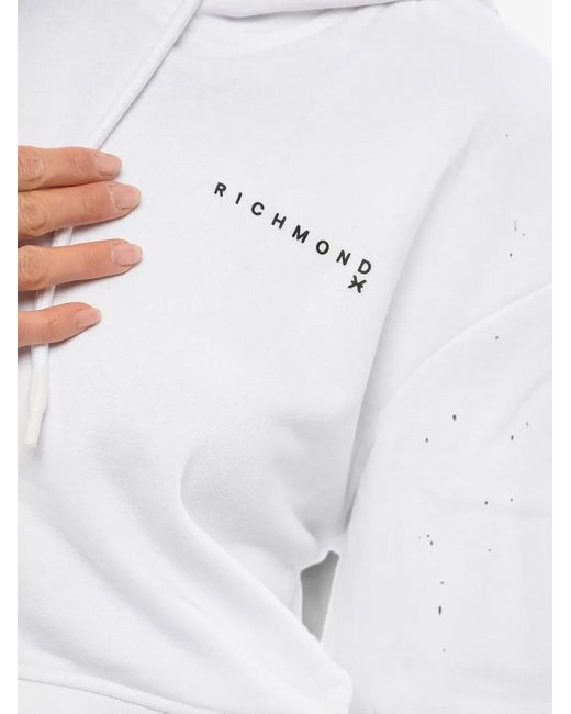 John Richmond White Logo-Print Cropped Hoodie