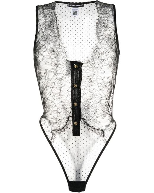 Dolce & Gabbana Plunging Sheer Lace Bodysuit in Black | Lyst Canada