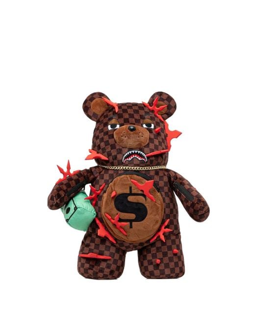 Sprayground Red Checked-Pattern Bear-Shape Backpack