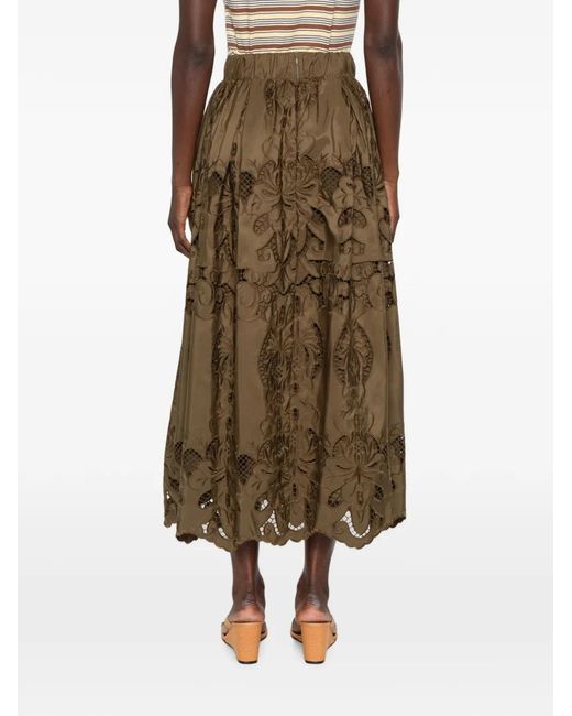 MOUTAKI Green Broderie-Anglaise Flared Midi Skirt