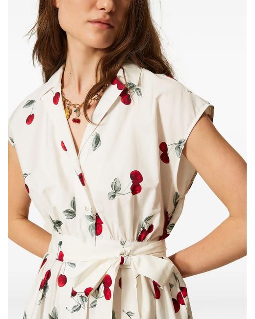 Twinset White Poplin Midi Dress With Cherry Print