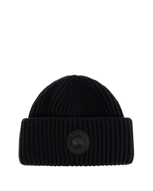 Canada Goose Black Logo-Patch Ribbed-Knit Beanie Hat