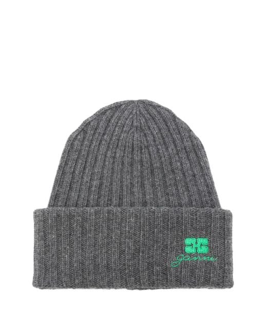Ganni Gray Ribbed Embroidered Hat
