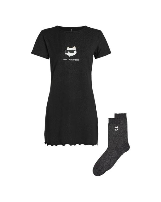 Karl Lagerfeld Black Ikon Glitter Pajama Dress & Socks Gift Set