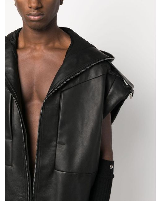 Rick Owens Black Lido Sleeveless Hooded Leather Jacket for men