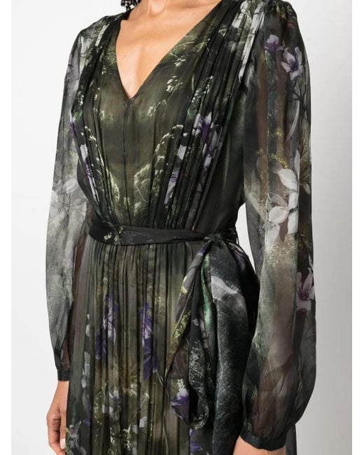 Alberta Ferretti Black Winter Garden-Print Silk Maxi Dress