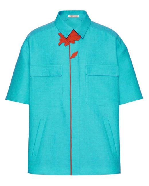 Valentino Garavani Blue Flower-appliqué Bowling Shirt for men