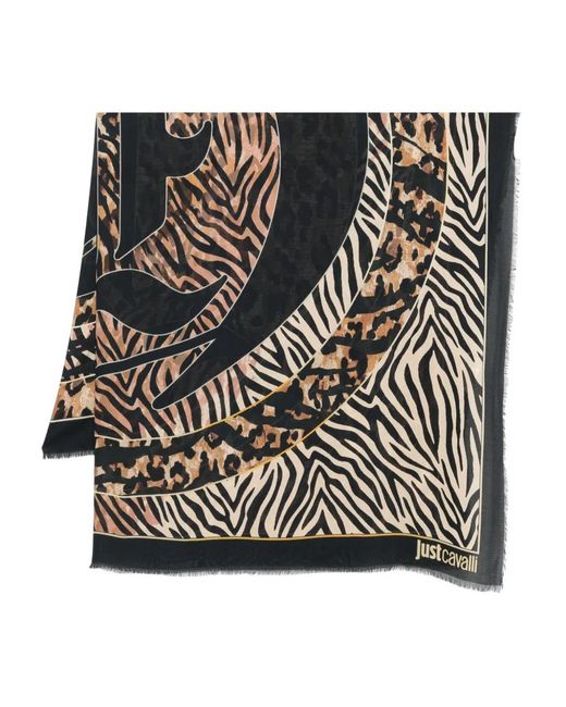 Just Cavalli Black Animal-Print Fringed Scarf