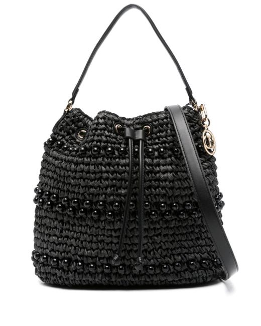 Twin Set Black Crochet Raffia Bucket Bag