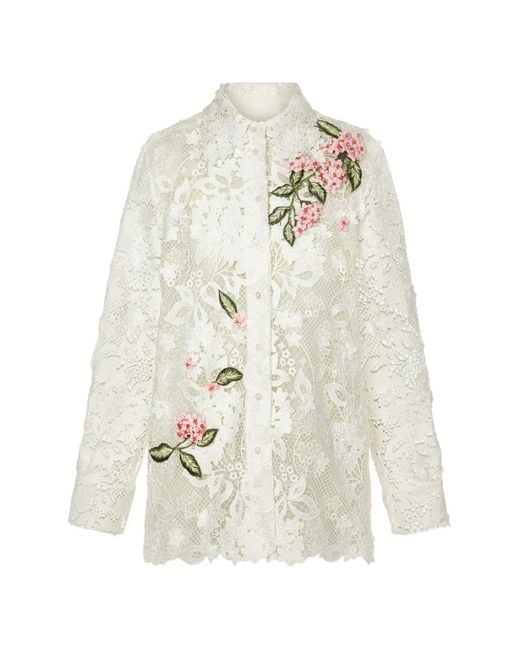 Oscar de la Renta White Floral-Detail Blouse