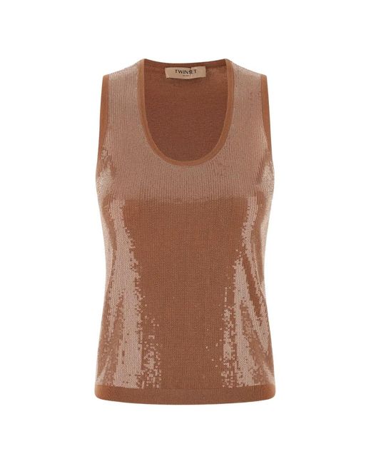 Twinset Brown Sequin-Embellished Top