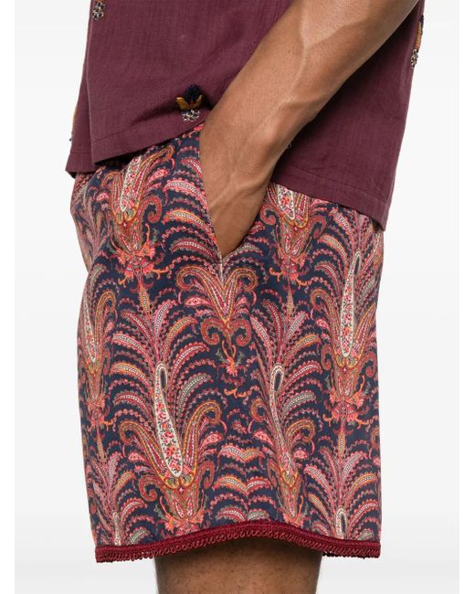 Valentino Garavani Red Cotton Muslin Bermuda Shorts With All-Over Voyage Imaginaire Print And Passementerie Trims for men
