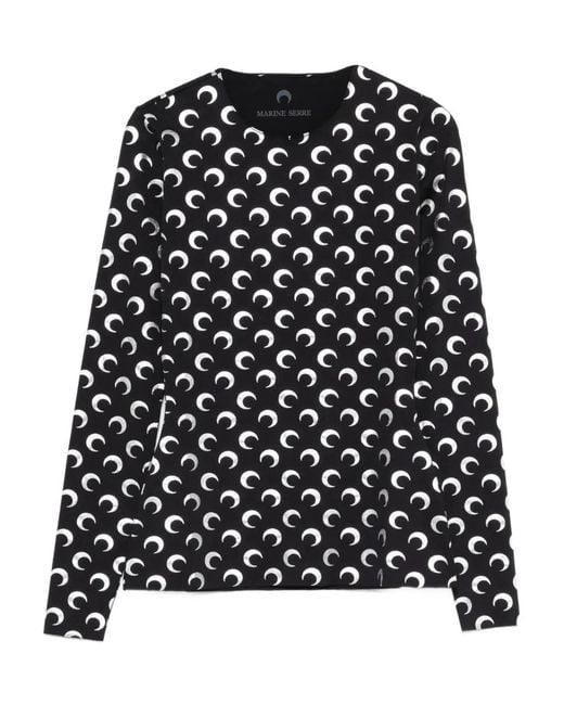 MARINE SERRE Black Moon Foil Printed Jersey Ls Crewneck Top