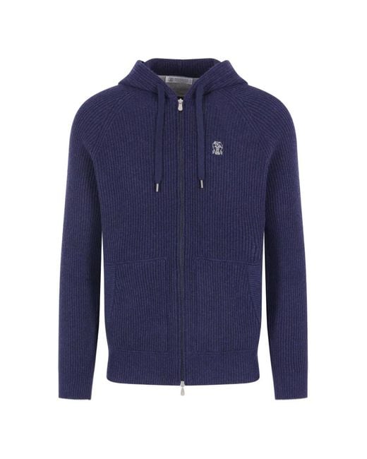 Brunello Cucinelli Blue Ribbed-Knit Zip-Up Hoodie for men