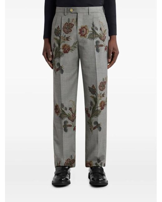 Etro Gray Floral-Printed Pleated Trousers for men