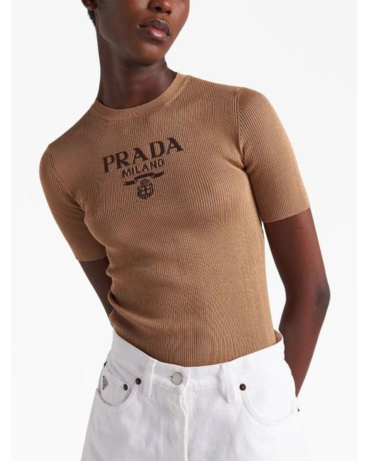 Prada Brown Logo-Intarsia Silk Top