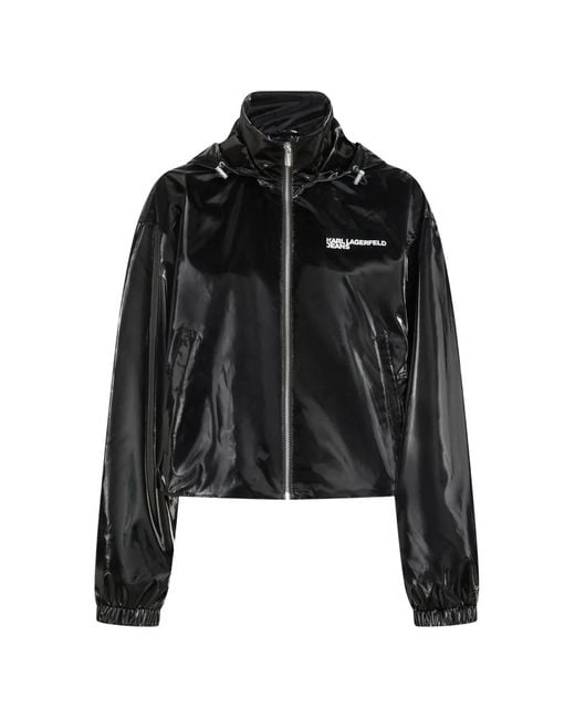 Karl Lagerfeld Black Glossy Cropped Jacket With High Collar