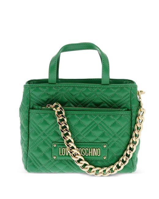 Love Moschino Green Quilted Logo-Plaque Tote Bag