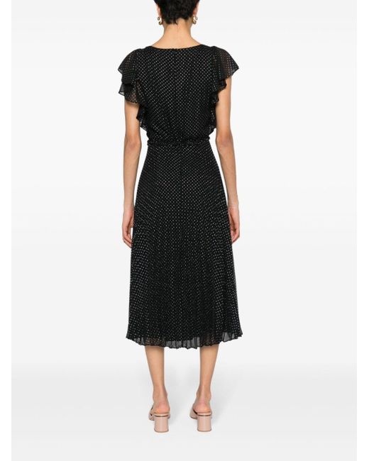 Nissa Black Polka Dot Pleated Midi Dress