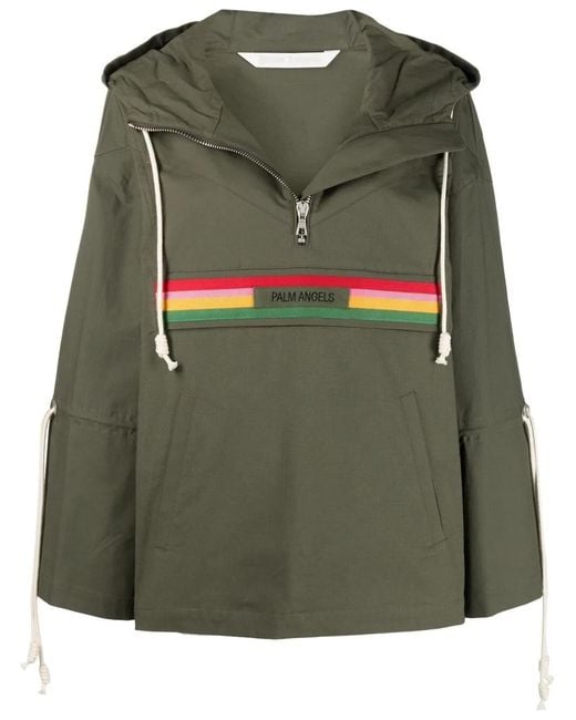 Palm Angels Green Striped Hooded Jacket