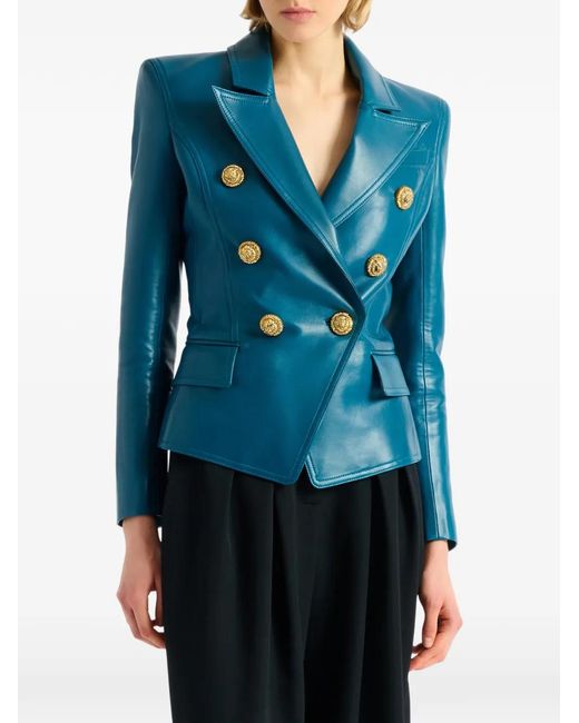 Balmain Blue Leather 6-Button Jacket