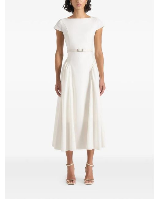 Manière De Voir White Boat Neck Belted Pleated Midi Dress
