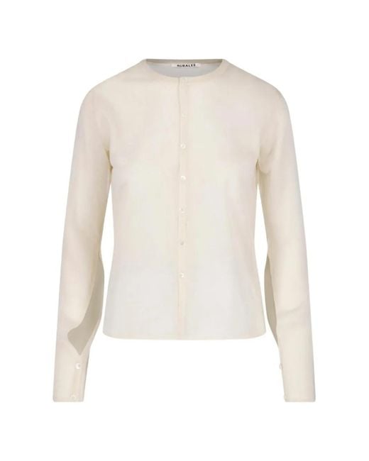 Auralee White Button-Up Crew-Neck Top