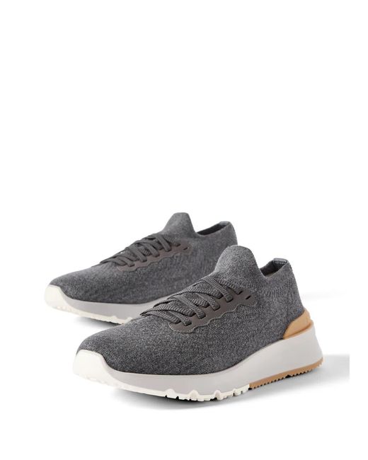 Brunello Cucinelli White Cotton Knit And Semi-Polished Calfskin Runners for men