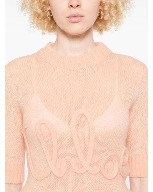 Chloé Natural Elbow-Sleeve Embroidered-Logo Top