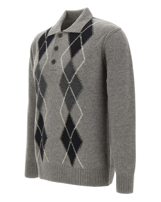 Paolo Pecora Gray Geometric-Pattern Polo-Neck Sweater for men