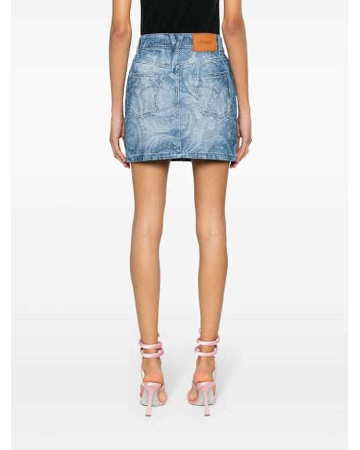 Versace Blue Baroque-Print Denim Miniskirt