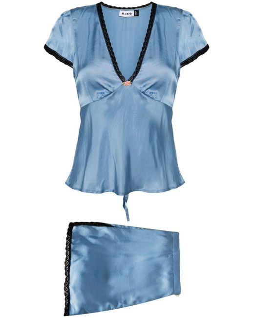 Rixo Blue Maddy Satin Pyjama Set