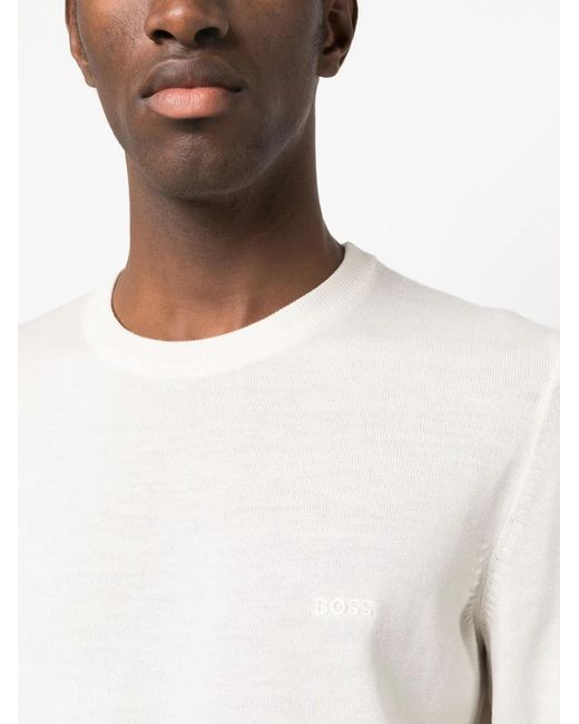 Boss White Logo-Embroidered Cotton Jumper for men