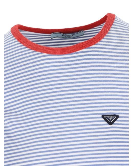 Prada Blue Contrast-Trim Striped Cotton T-Shirt