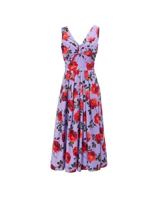 Carolina Herrera White Rose-Print V-Neck Midi Dress