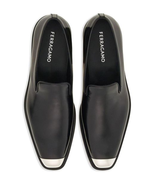 Ferragamo Black Metal-toecap Leather Loafers for men