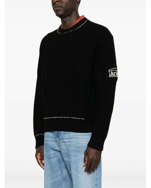 Aries Black Chunky Knit Classic Sweater for men
