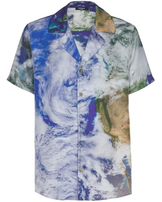 Camisa con estampado Earth Balmain de hombre de color Blue