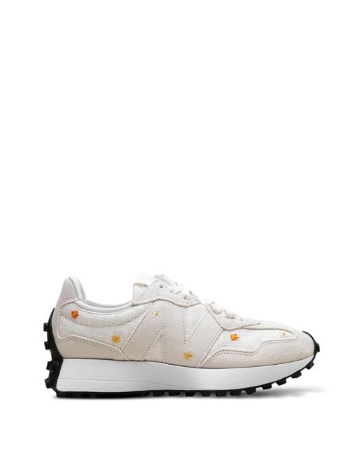 New Balance White 327 Floral-Embroidery Sneakers