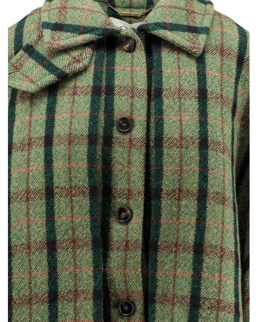 Chloé Green Check-Pattern Button-Down Cape Coat