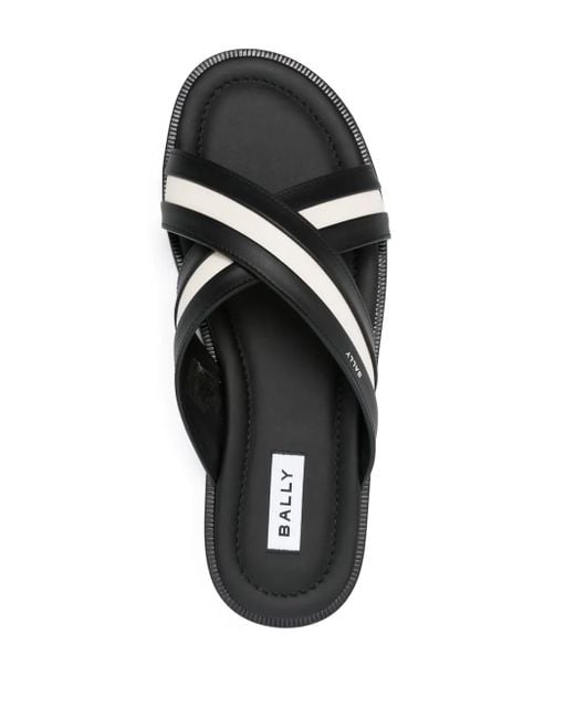 Bally Black Striped Leather Slides for men