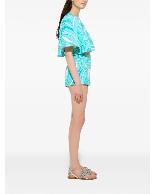 Emilio Pucci Blue Marmo-Print Cropped T-Shirt