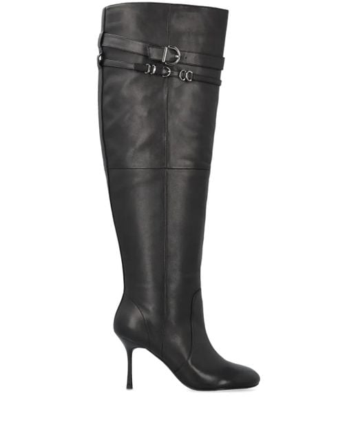 Pinko Black Pointed Toe Knee-High Boots With Decorative Straps