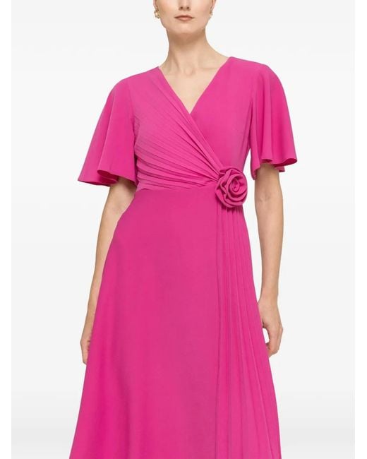Nissa Pink Floral-Appliqué Pleated Midi Dress