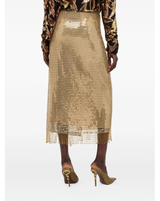 Roberto Cavalli Natural Sequin Fringed Midi Skirt