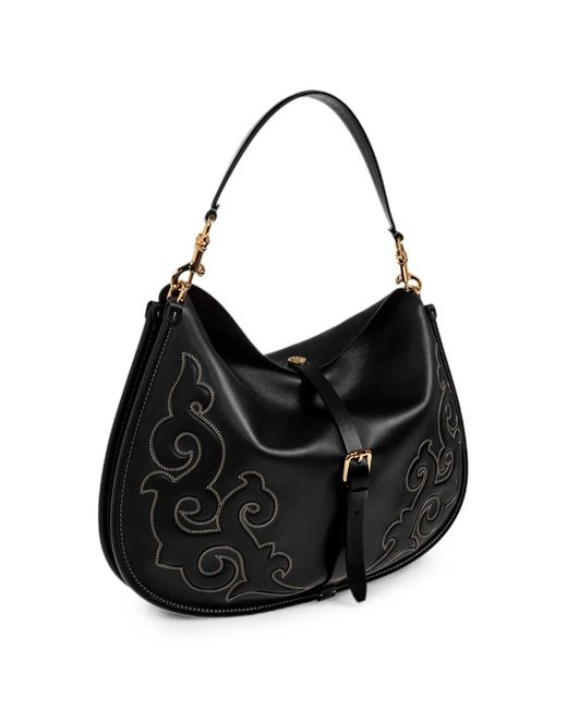Etro Black Maxi Leather Pony Bag With Texan Embroidery