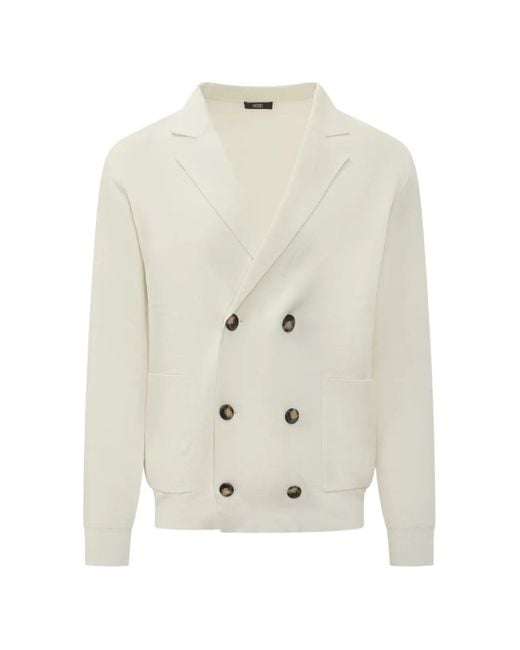 Hōsio White Double-Breasted Patch-Pocket Blazer-Style Cardigan for men