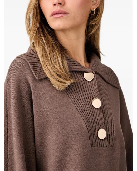 Joseph Ribkoff Brown Button-Up Ribbed-Collar Sweater