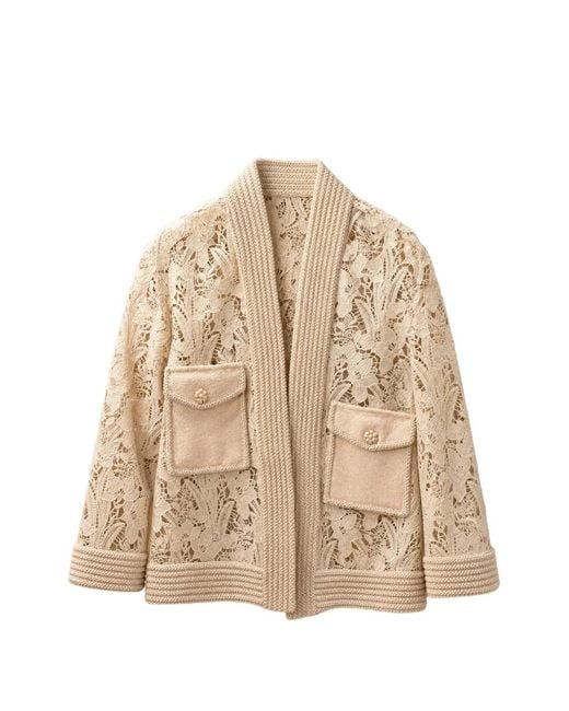 Edward Achour Paris Natural Floral-Lace Flap-Pocket Jacket